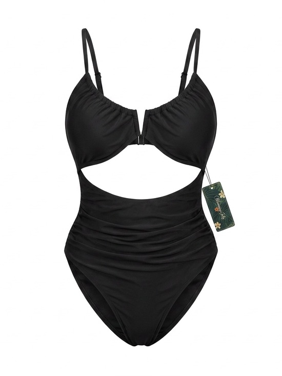 Source Unknown Other - Black Cutout One-Piece Swimsuit with Ruched Midsection
